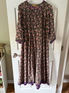 April Cornell Olive Floral Maxi Dress with Pink Accents